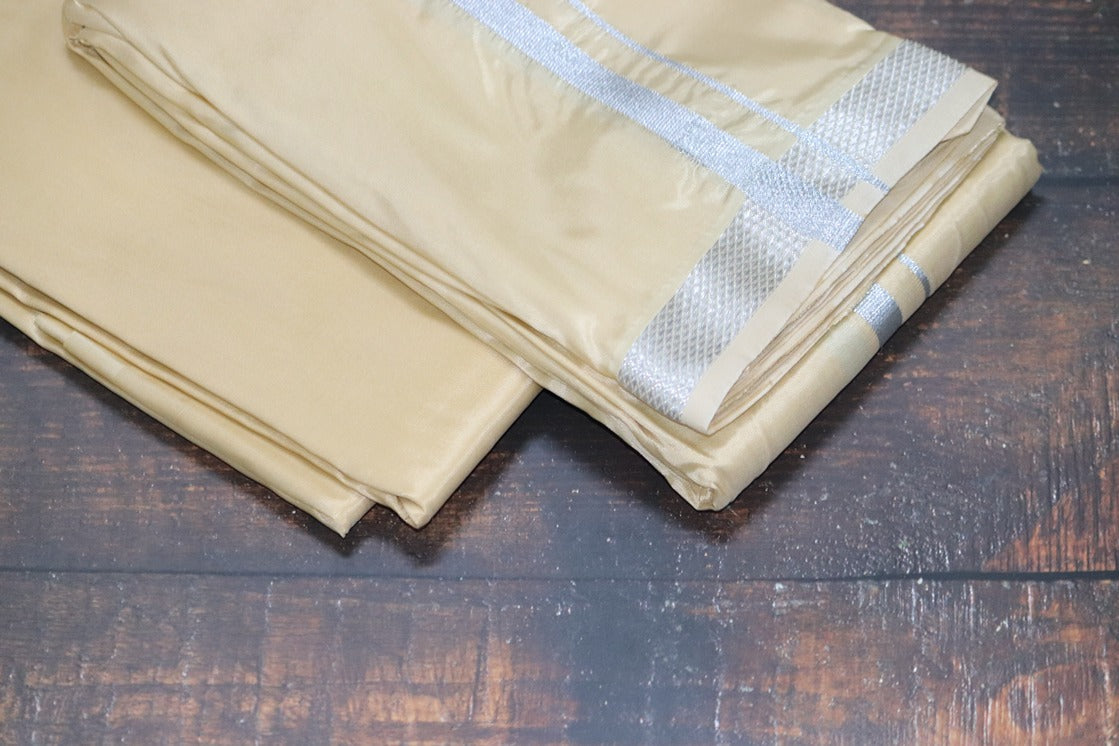 Artsilk Sunrise Yellow Combo Set (Shirt fabric+Dhoti) with Silver Border