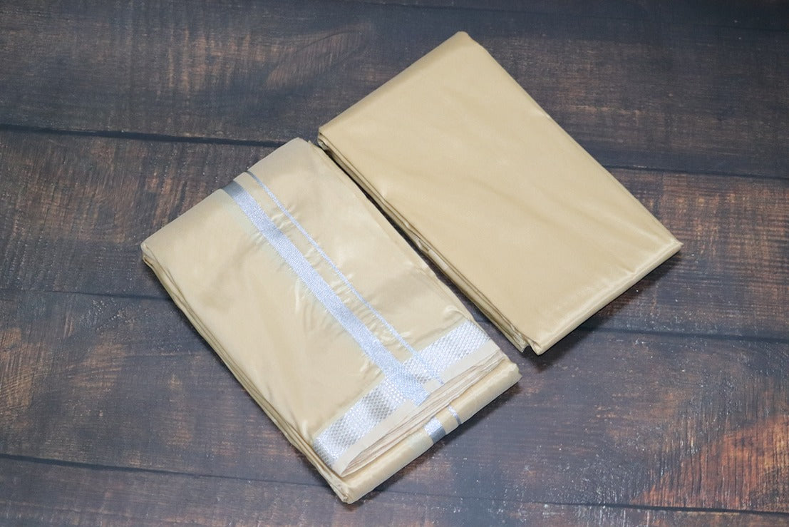 Artsilk Sunrise Yellow Combo Set (Shirt fabric+Dhoti) with Silver Border