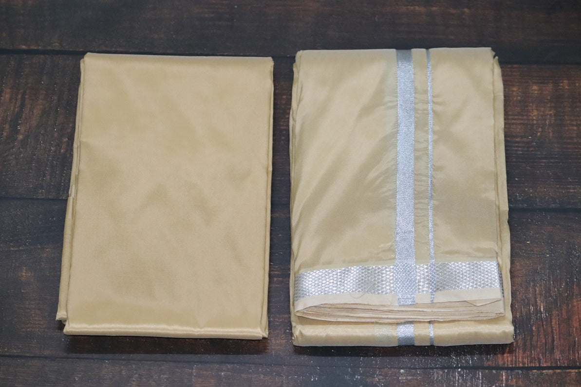 Artsilk Sunrise Yellow Combo Set (Shirt fabric+Dhoti) with Silver Border