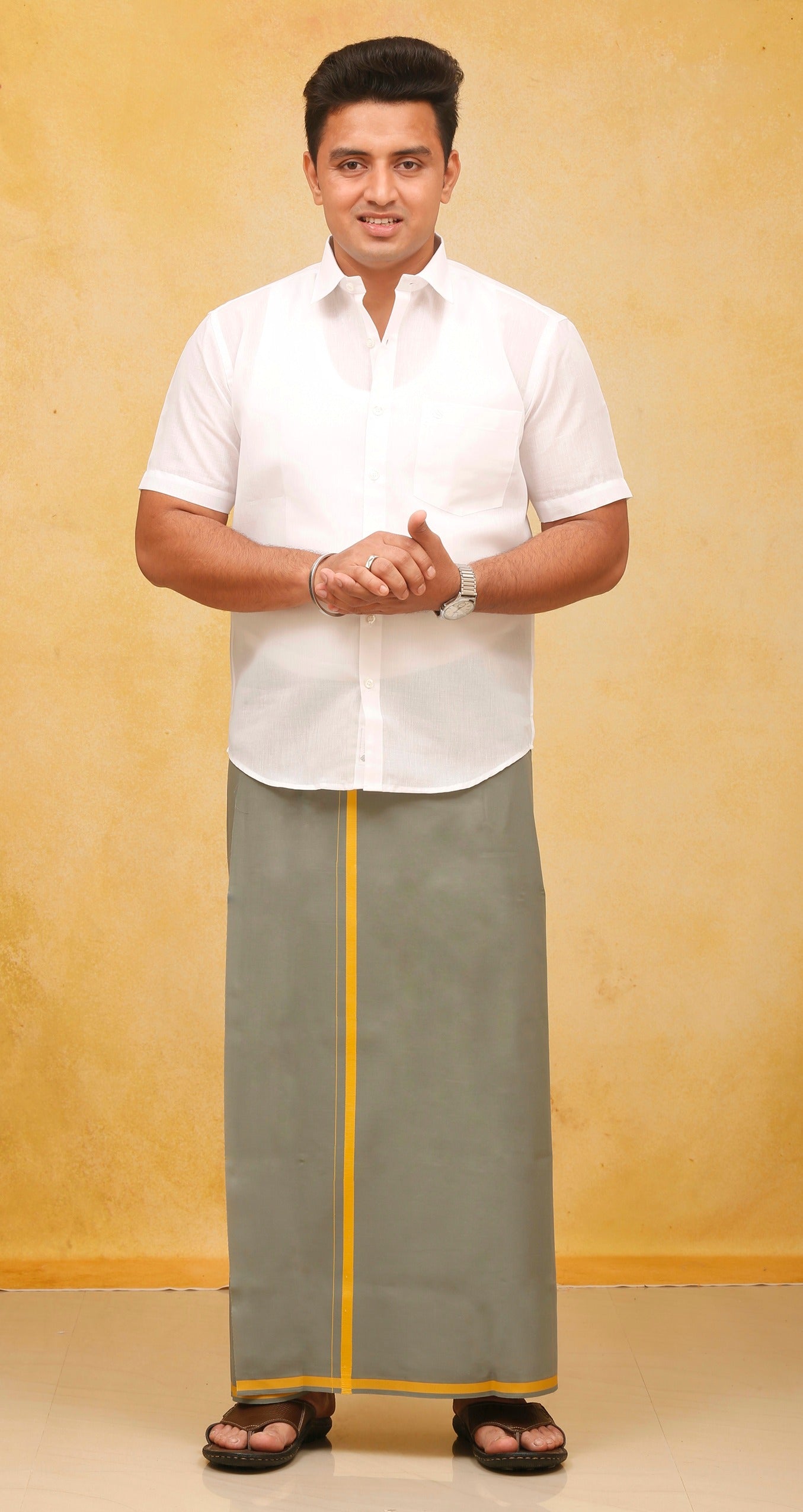 Cement Grey Dhoti with BB Border - 2mtr