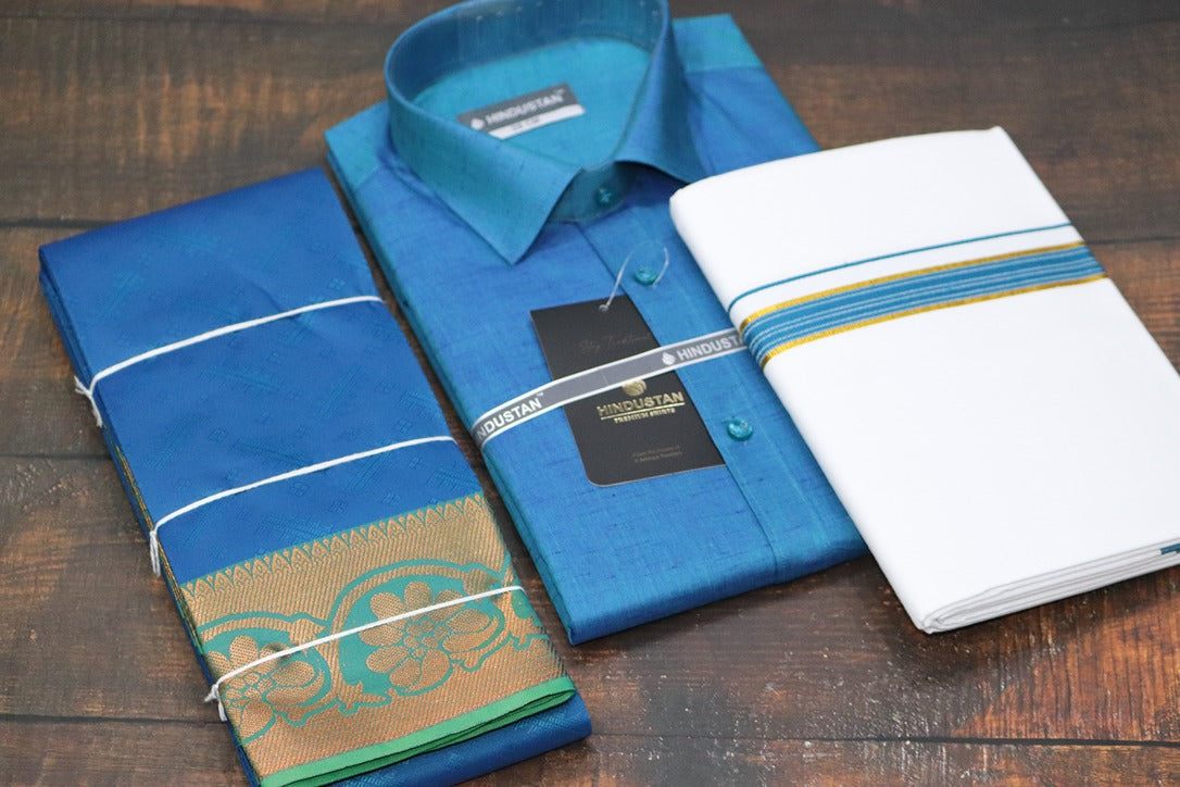 Raja Rani Matching Peacock Blue Set & Saree Combo