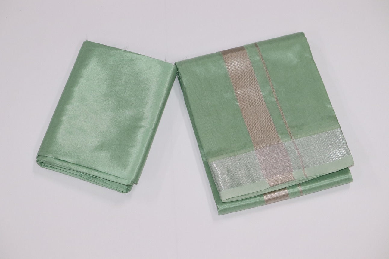 Artsilk Pista Green Combo Set (Shirt Fabric+Dhoti) with 100k Silver Border