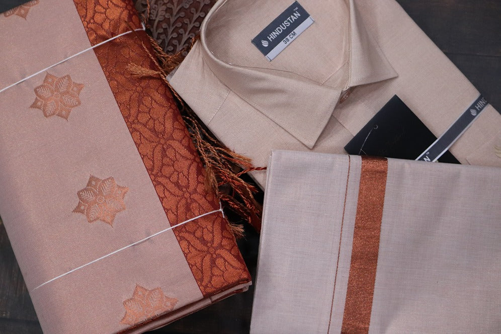 Raja Rani Readymade Tissue Copper Matching Set + Saree Combo