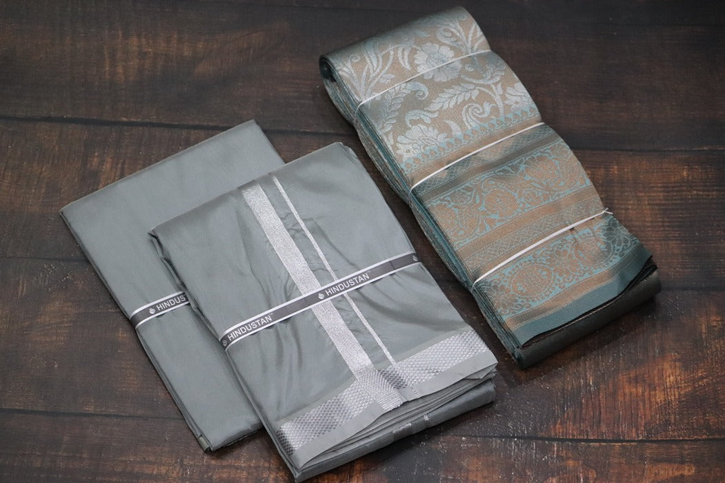 Raja Rani Artsilk Steel Grey Shirt Material+50k Silver Border & Saree Combo