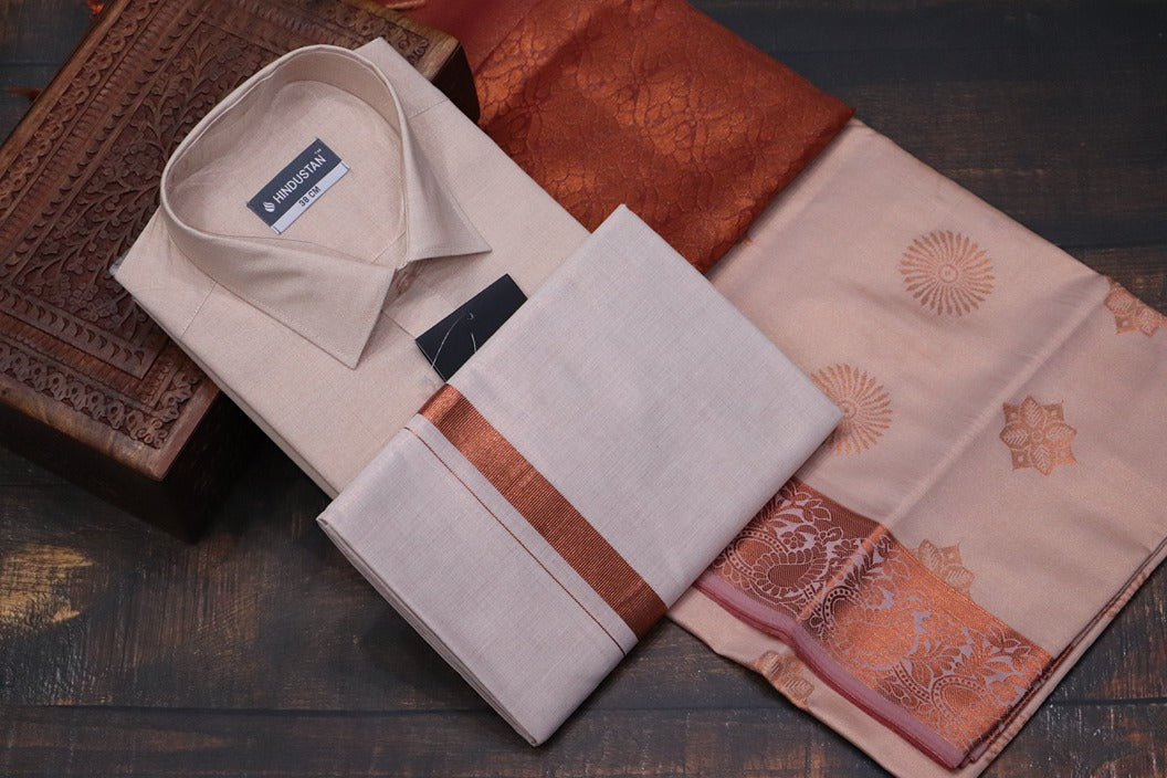 Raja Rani Readymade Tissue Copper Matching Set + Saree Combo