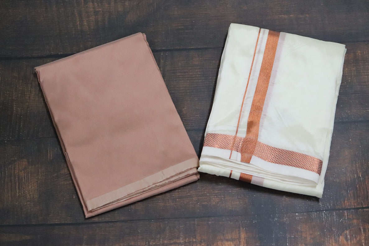 Artsilk Copper Shirt Fabric+White Dhoti with 50k Copper Dhoti