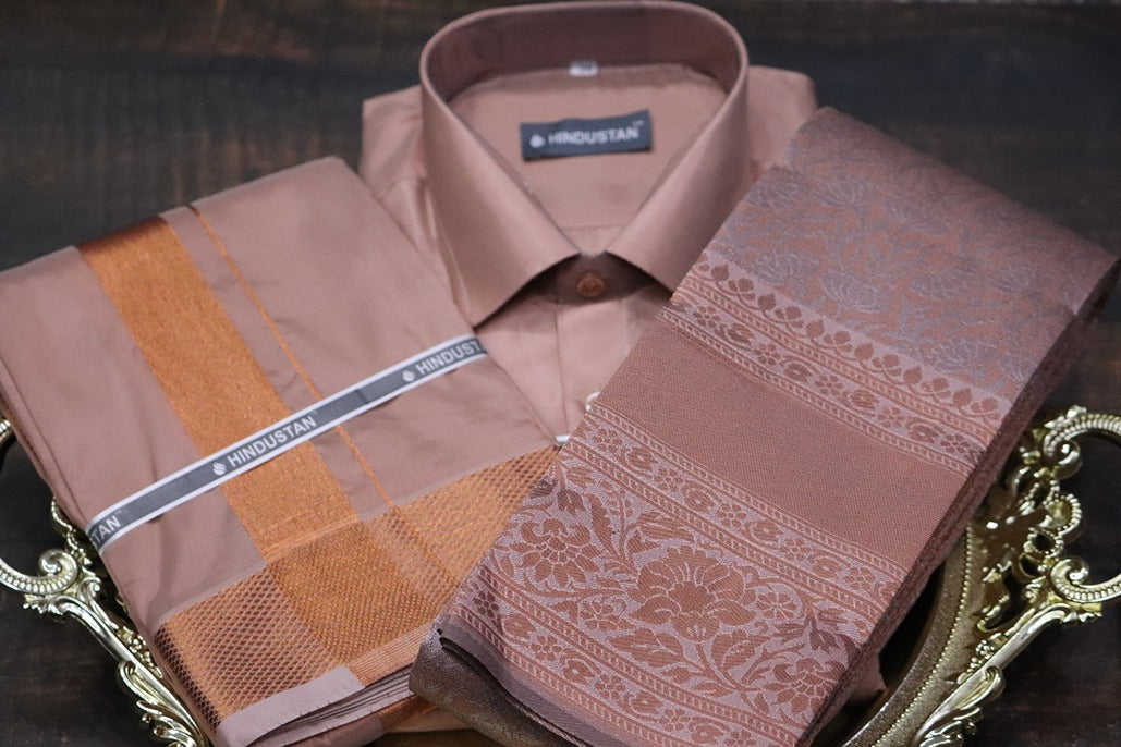 Raja Rani Artsilk Readymade Copper Shirt+100k Copper Border Matching Set & Saree Combo