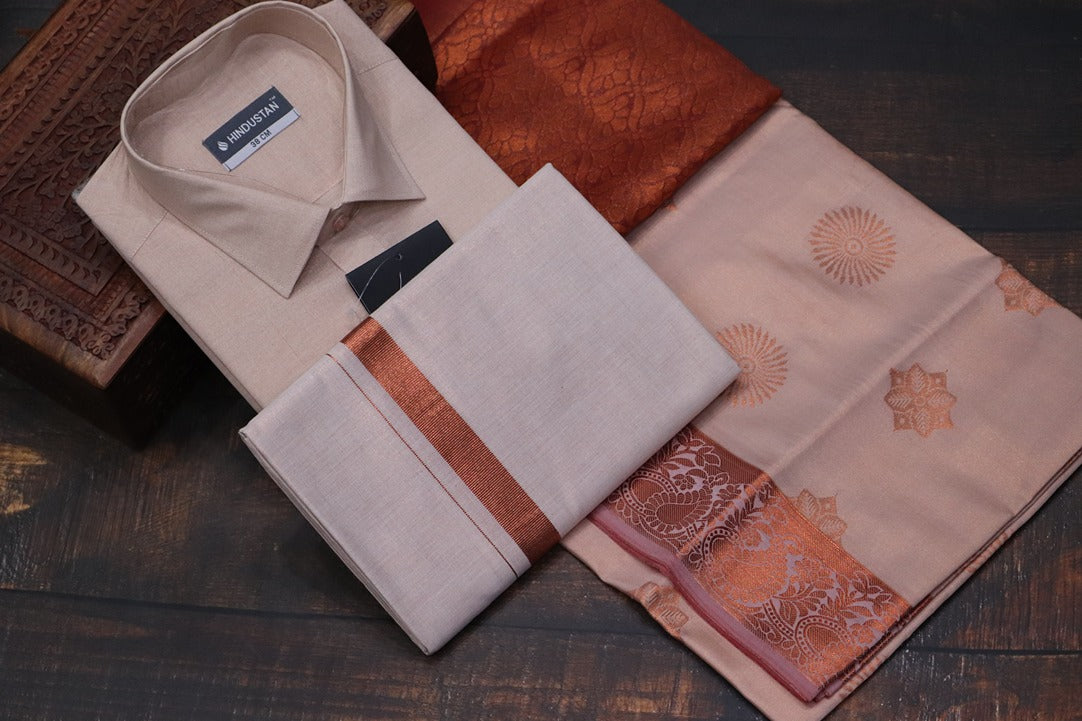 Raja Rani Readymade Tissue Copper Matching Set + Saree Combo