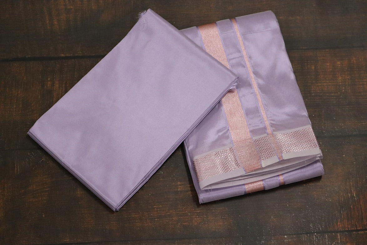 Artsilk Ultra Violet Combo Set (Shirt Fabric+Dhoti) with Onion Pink Silver Border