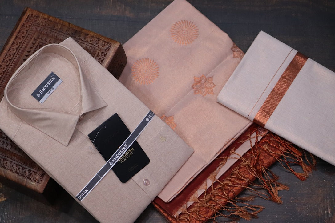 Raja Rani Readymade Tissue Copper Matching Set + Saree Combo
