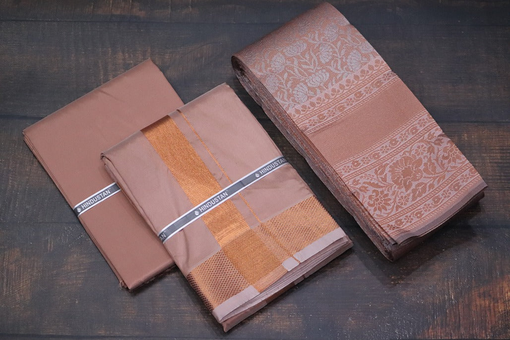 Raja Rani Artsilk Copper Shirt Material+100k Copper Border & Saree Combo