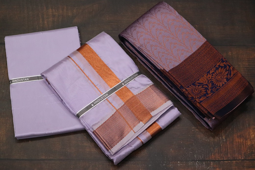 Raja Rani Artsilk Ultra Violet Shirt Material+100k Copper Border & Saree Combo