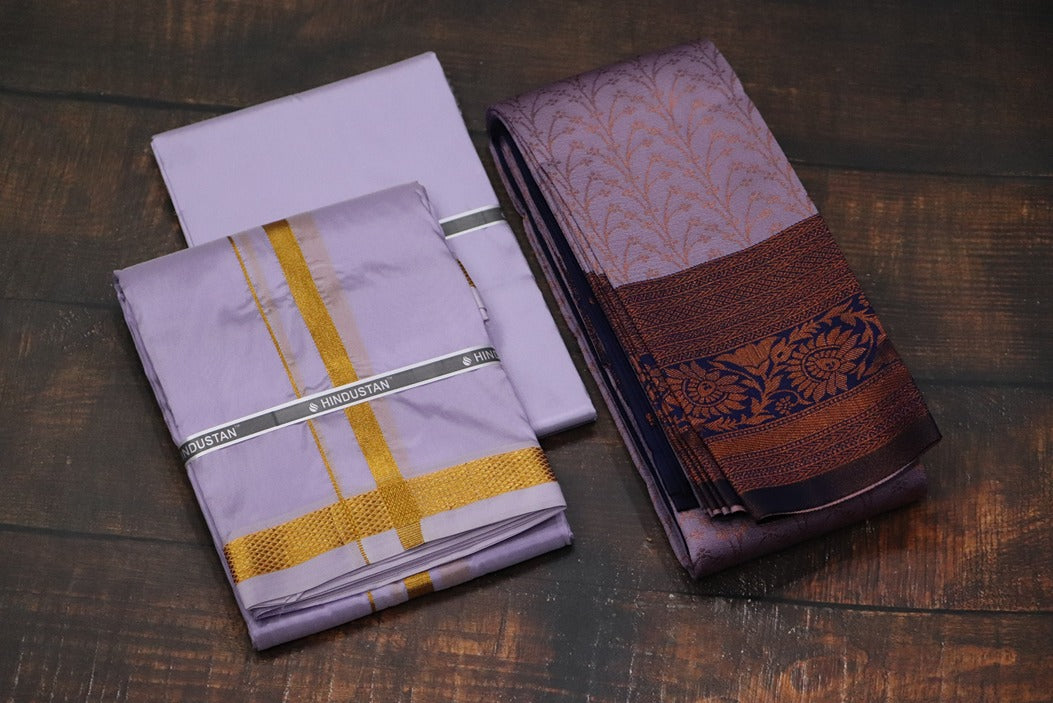 Raja Rani Artsilk Ultra Violet Shirt Material+50k Gold Border& Saree Combo