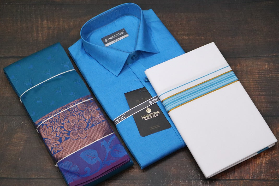 Raja Rani Marine Blue Matching Set + Saree Combo