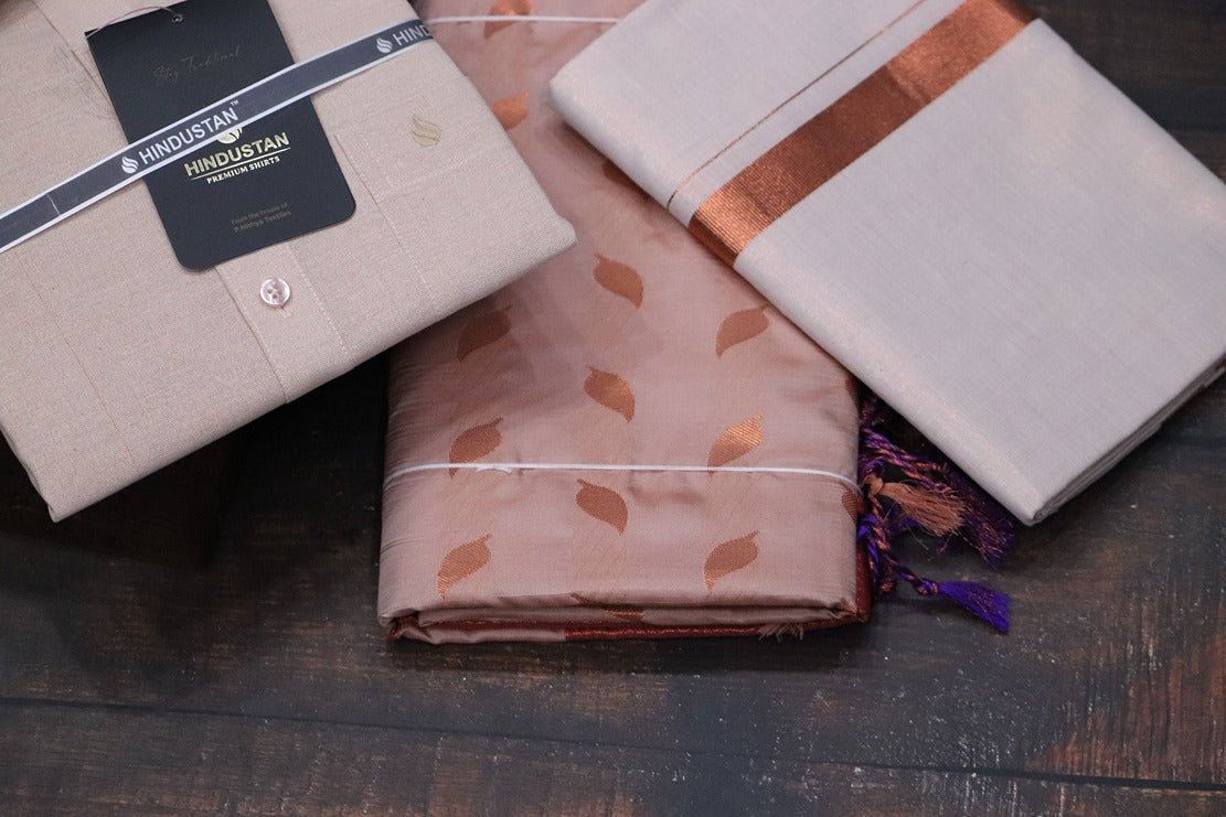 Raja Rani Readymade Tissue Copper Matching Set + Saree Combo