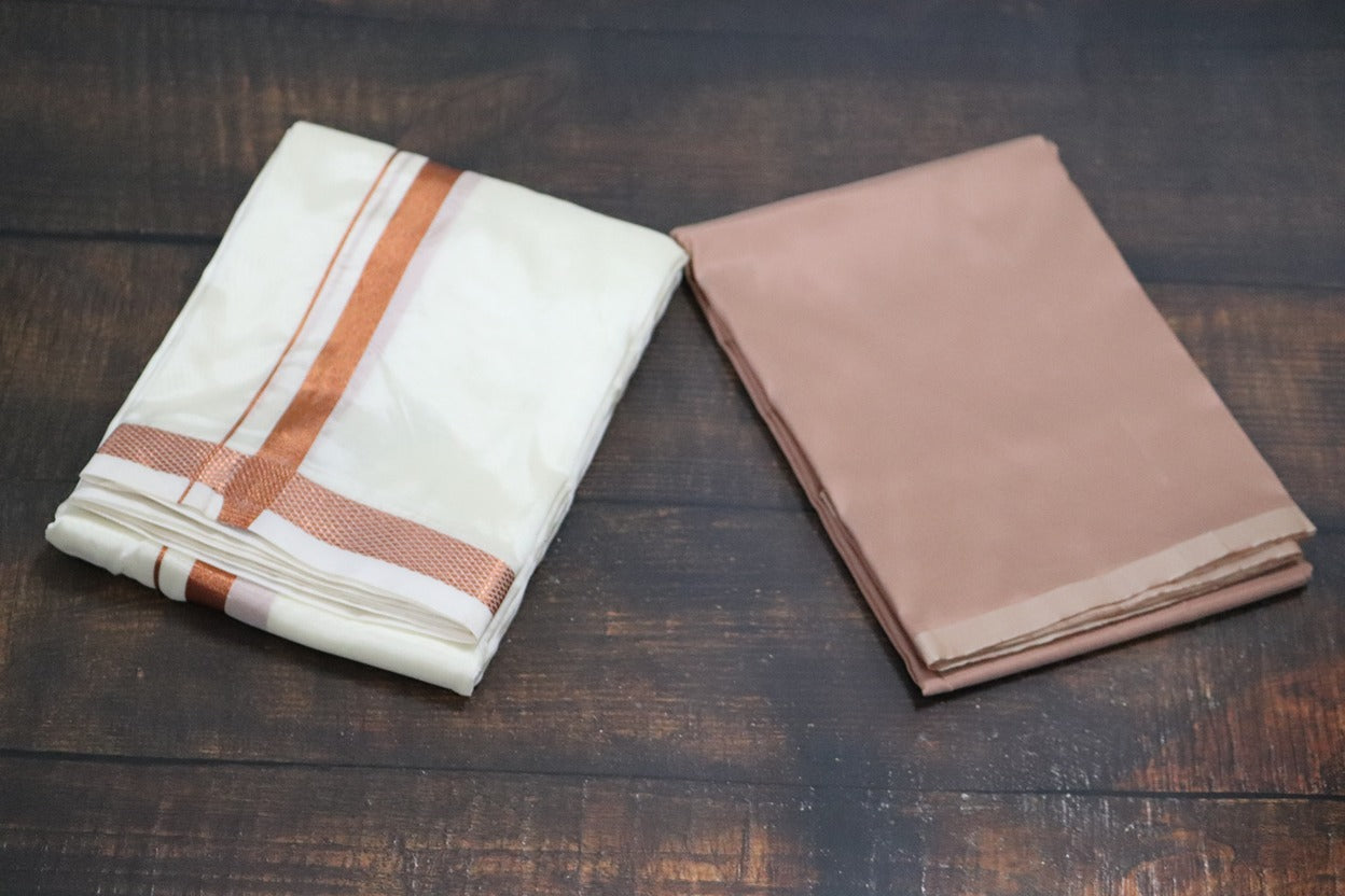 Artsilk Copper Shirt Fabric+White Dhoti with 50k Copper Dhoti