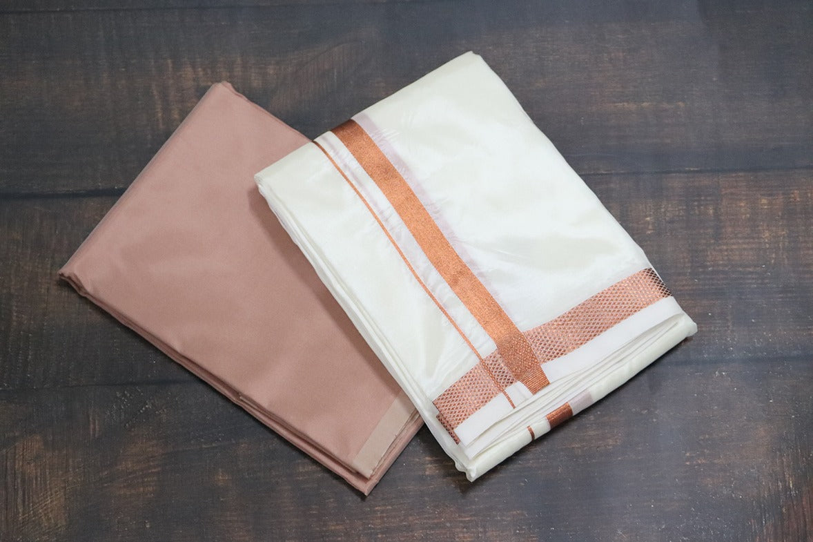 Artsilk Copper Shirt Fabric+White Dhoti with 50k Copper Dhoti