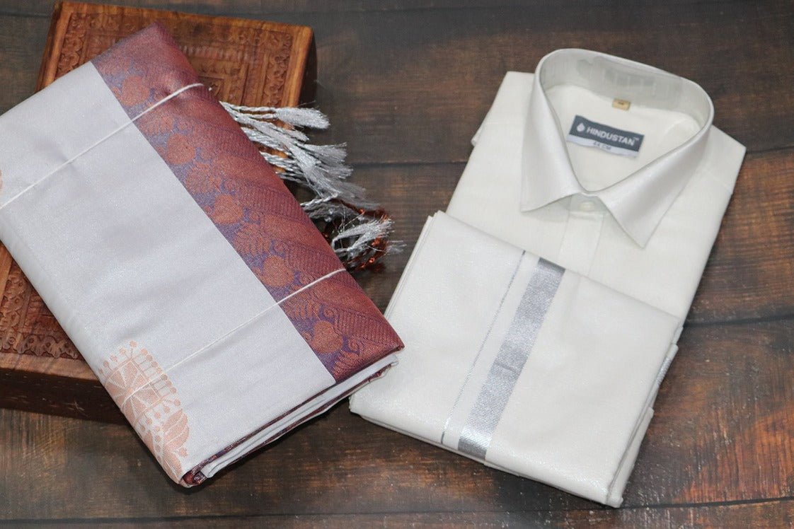 Raja Rani Readymade Tissue Silver Matching Set & Saree Combo