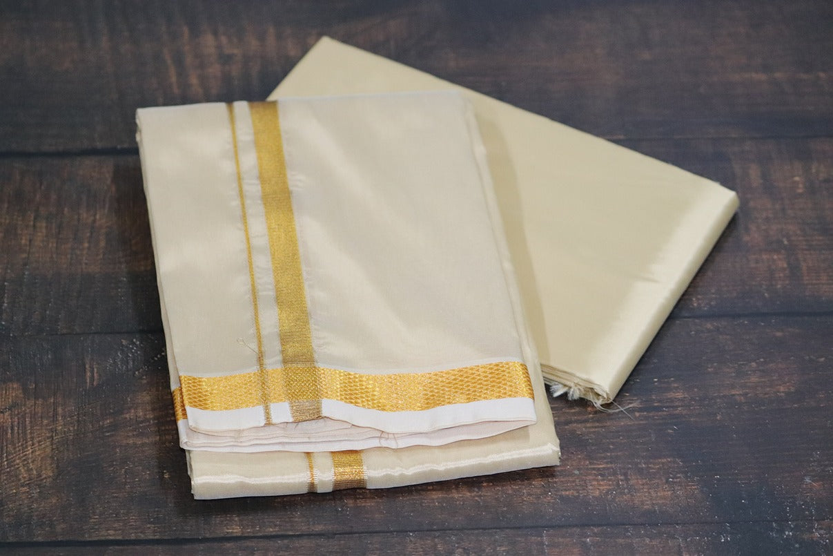 Artsilk Bright Gold Combo Set (Shirt Fabric+Dhoti) with 50k Gold Border