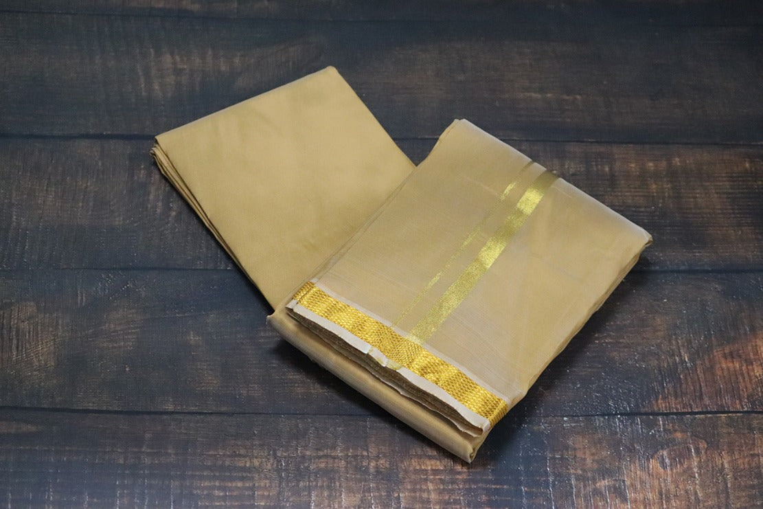 Artsilk Honey Gold Shirt Material+50k Dhoti with Gold Border