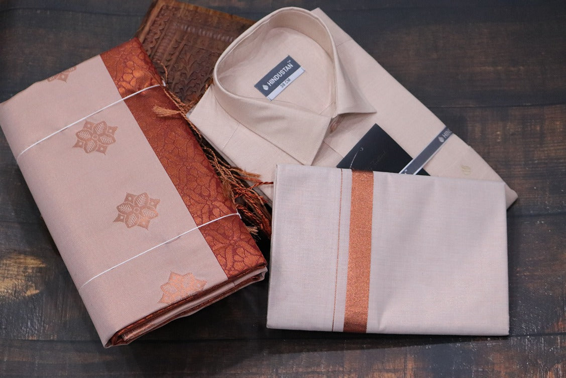 Raja Rani Readymade Tissue Copper Matching Set + Saree Combo