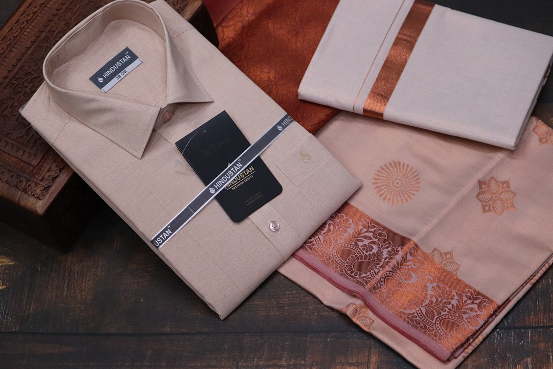 Raja Rani Readymade Tissue Copper Matching Set + Saree Combo