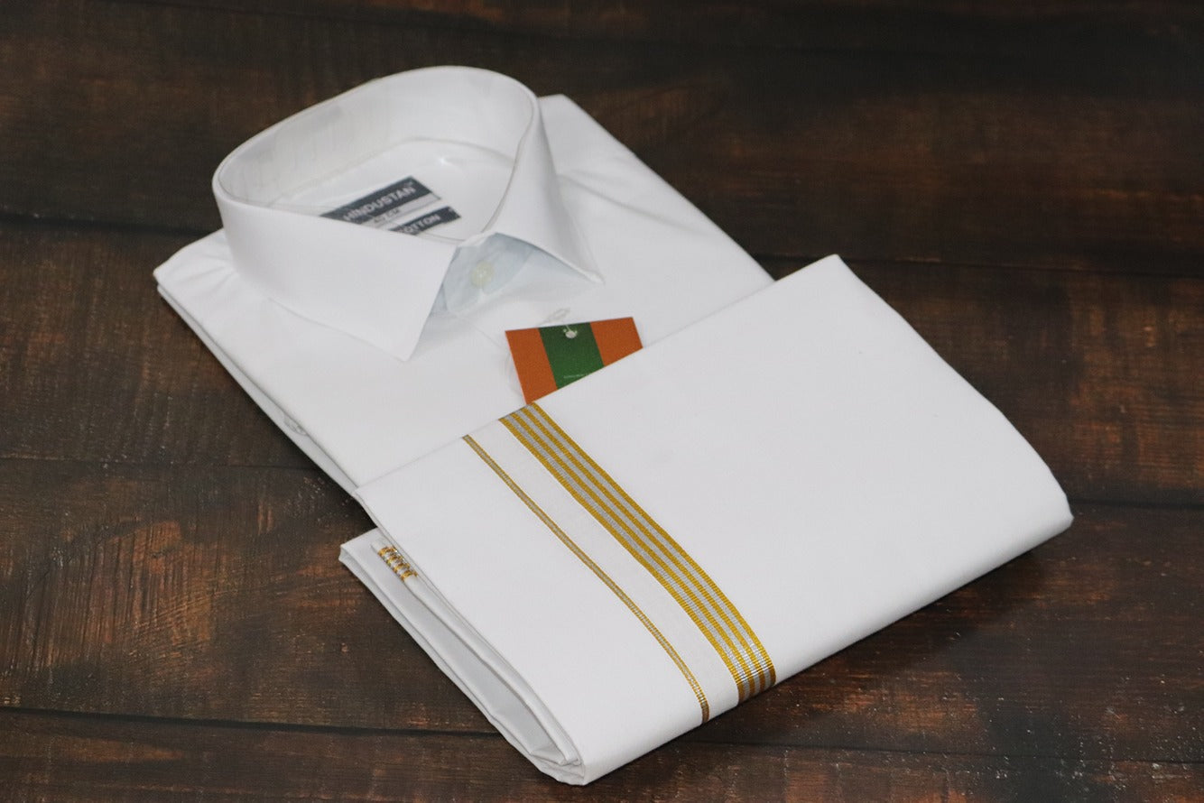 White Shirt + 30k Grand Jari Mixed Dhoti Combo Set