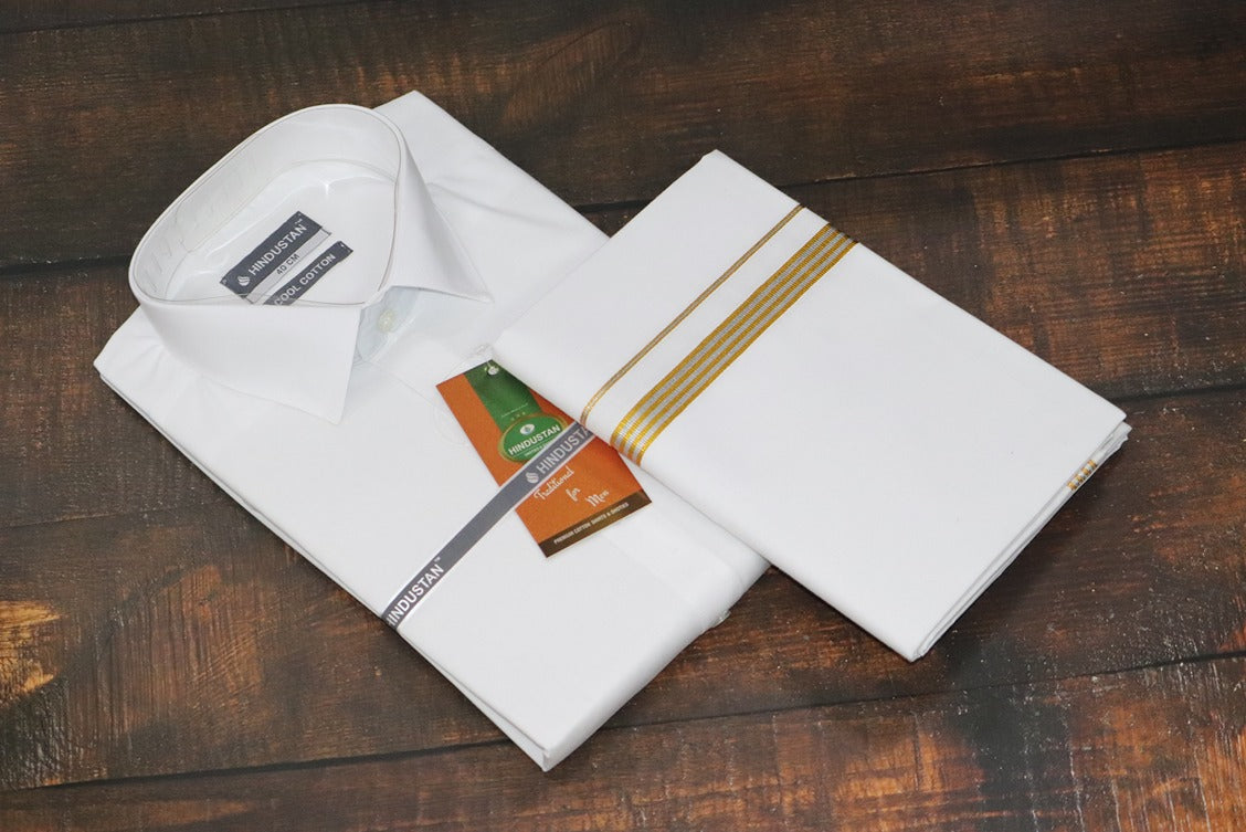 White Shirt + 30k Grand Jari Mixed Dhoti Combo Set
