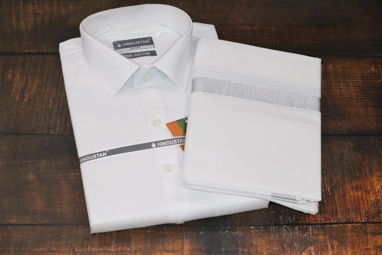 White Shirt + 50k Silver Jari Dhoti Combo Set