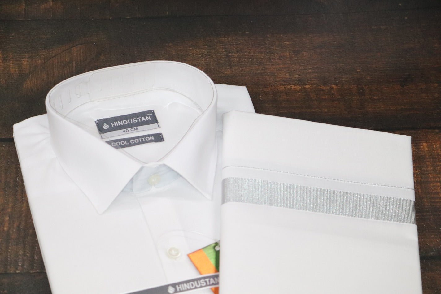 White Shirt + 50k Silver Jari Dhoti Combo Set