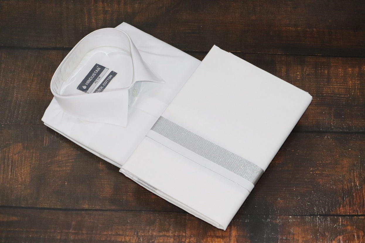 White Shirt + 50k Silver Jari Dhoti Combo Set