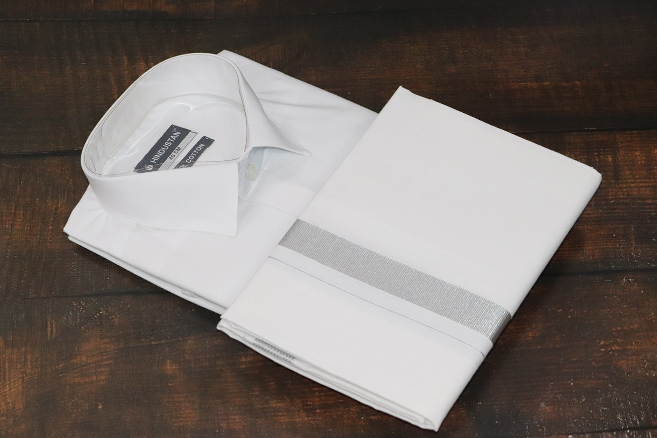 White Shirt + 50k Silver Jari Dhoti Combo Set