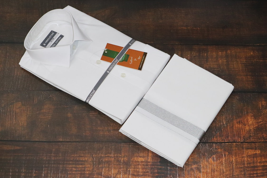 White Shirt + 50k Silver Jari Dhoti Combo Set