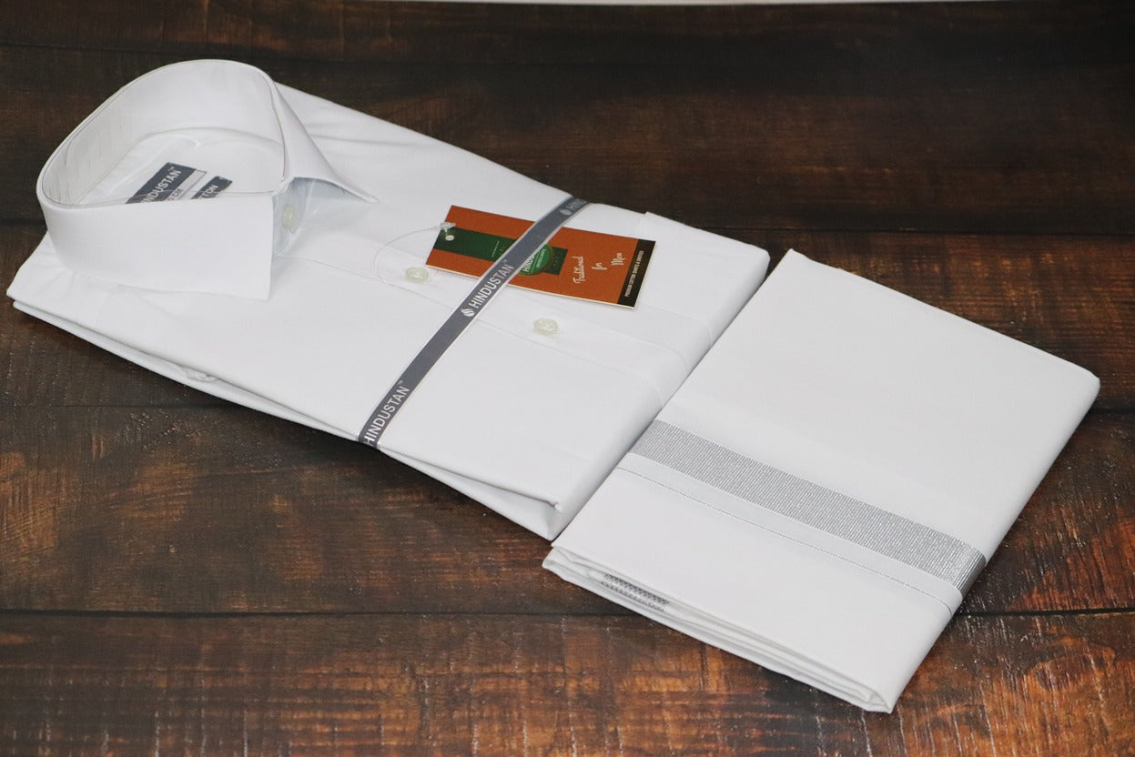 White Shirt + 50k Silver Jari Dhoti Combo Set