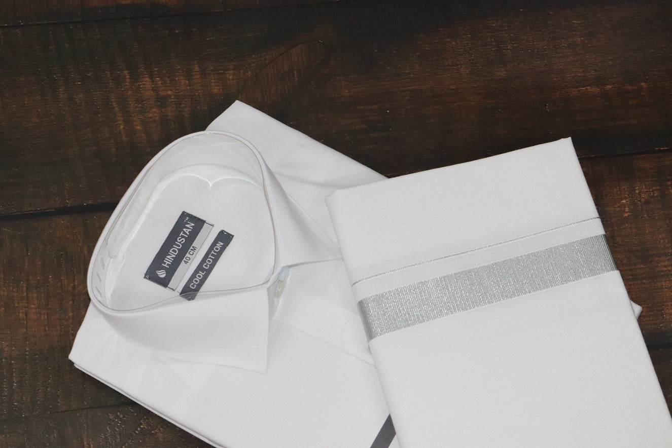 White Shirt + 50k Silver Jari Dhoti Combo Set