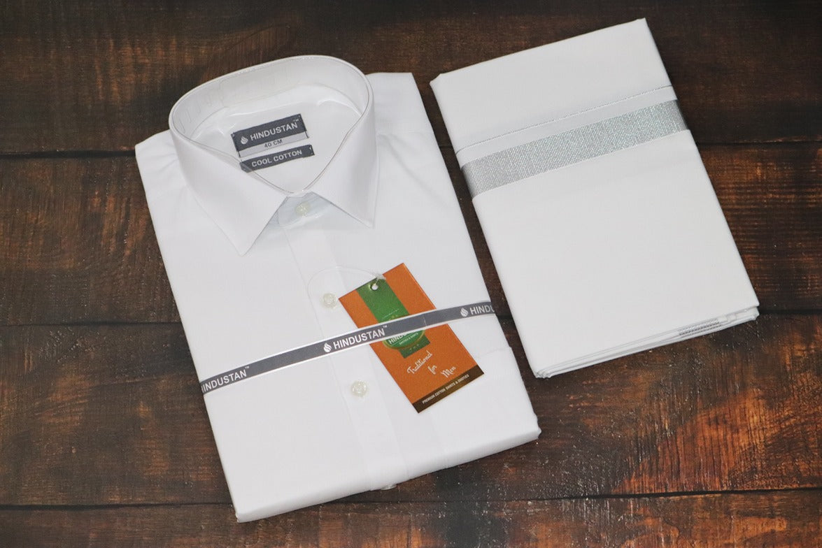 White Shirt + 50k Silver Jari Dhoti Combo Set