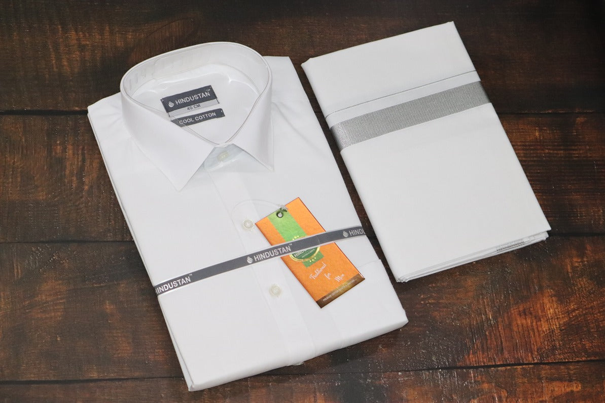 White Shirt + 50k Silver Jari Dhoti Combo Set