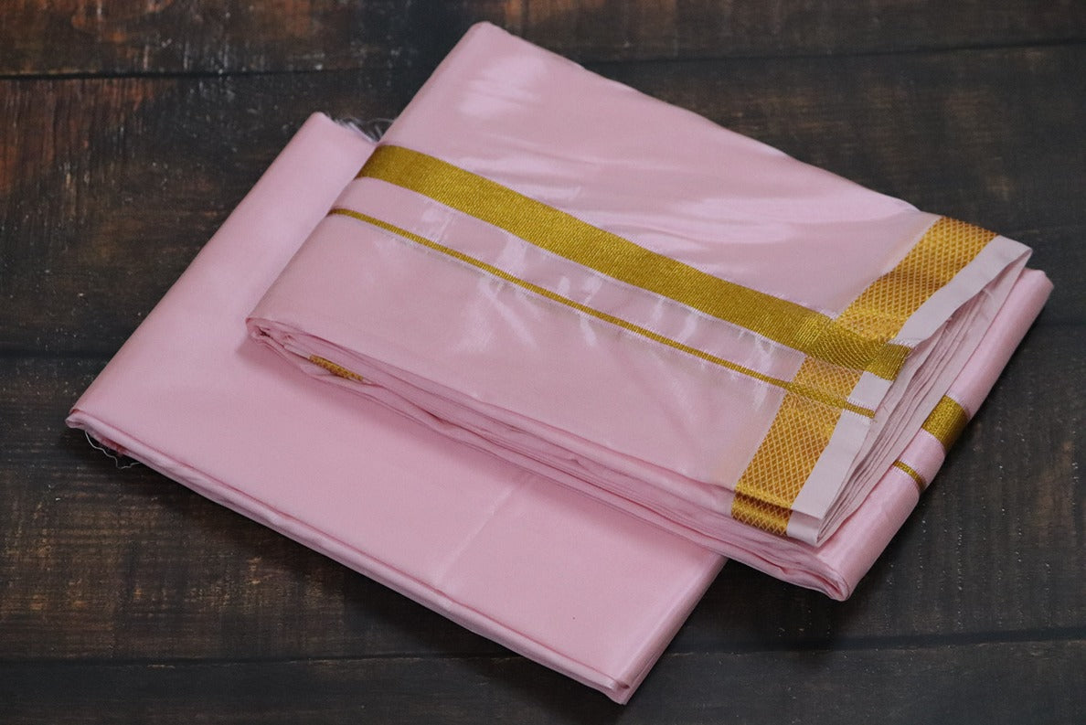 Artsilk Baby Pink shirt Material + Dhoti with 50k Gold Border Set