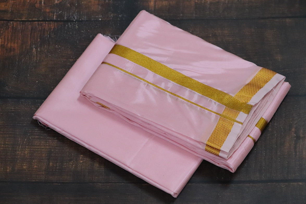 Artsilk Baby Pink shirt Material + Dhoti with 50k Gold Border Set