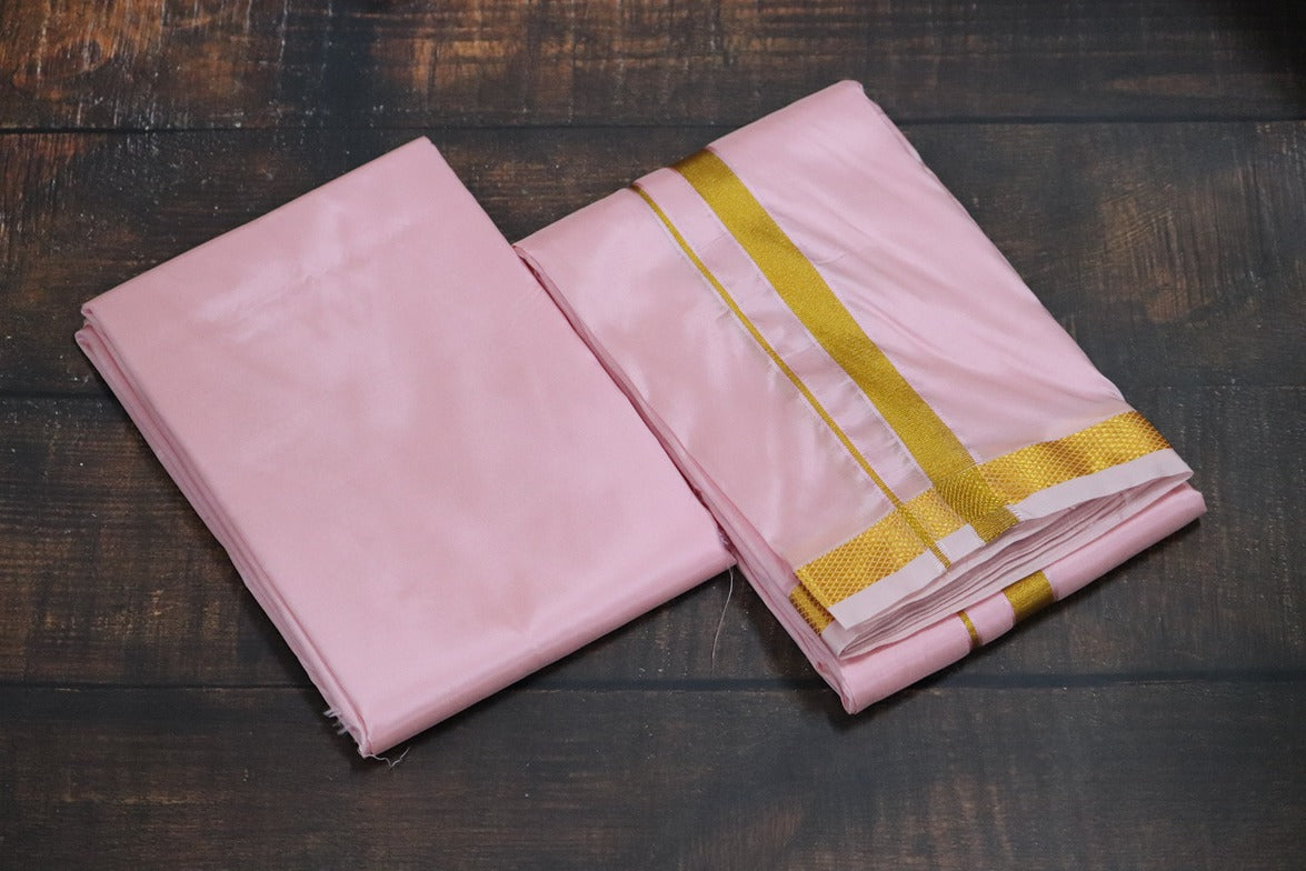 Artsilk Baby Pink shirt Material + Dhoti with 50k Gold Border Set