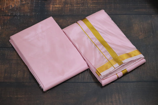 Artsilk Baby Pink shirt Material + Dhoti with 50k Gold Border Set