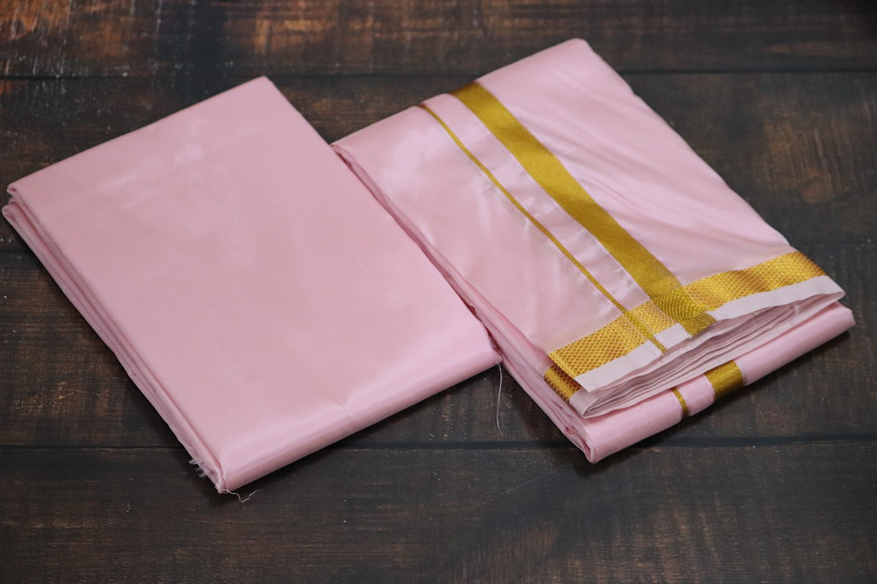 Artsilk Baby Pink shirt Material + Dhoti with 50k Gold Border Set