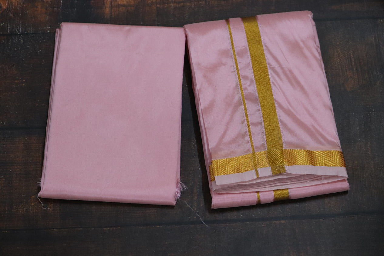 Artsilk Baby Pink shirt Material + Dhoti with 50k Gold Border Set