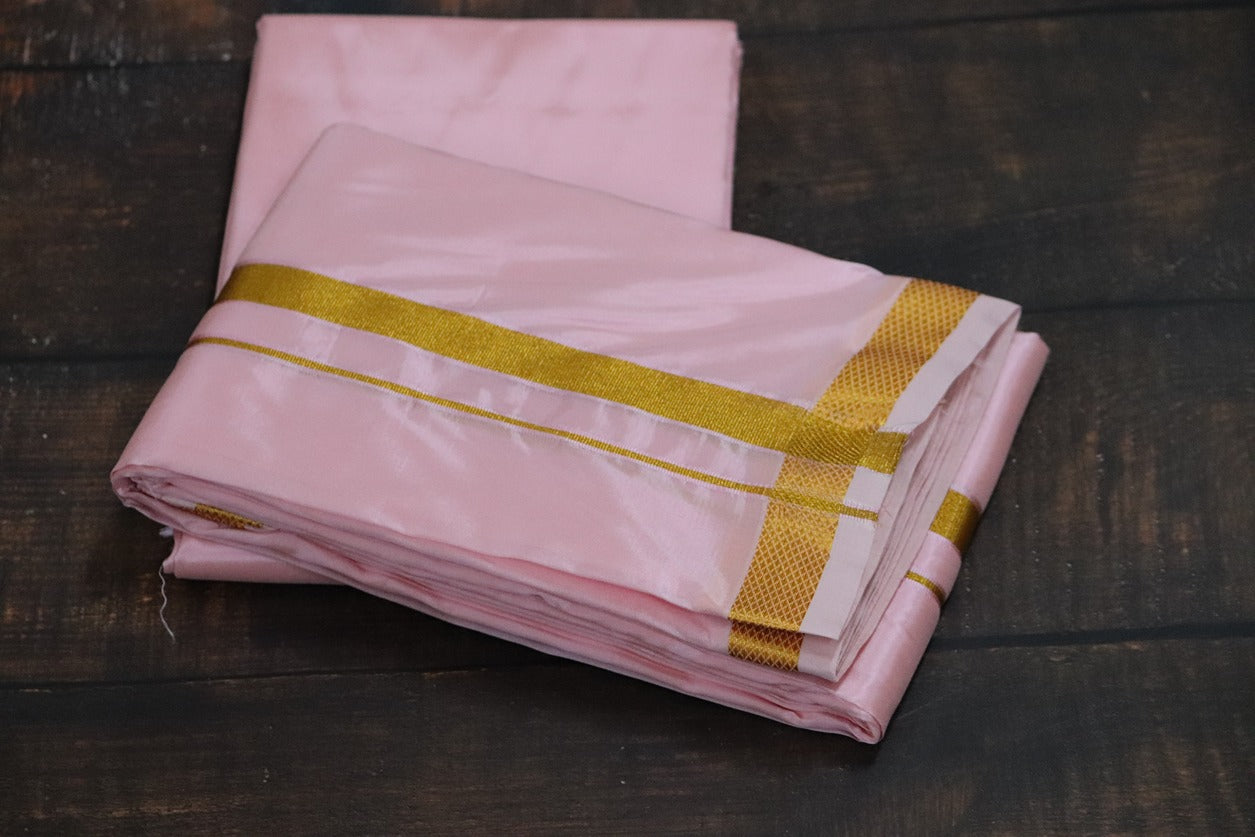 Artsilk Baby Pink shirt Material + Dhoti with 50k Gold Border Set