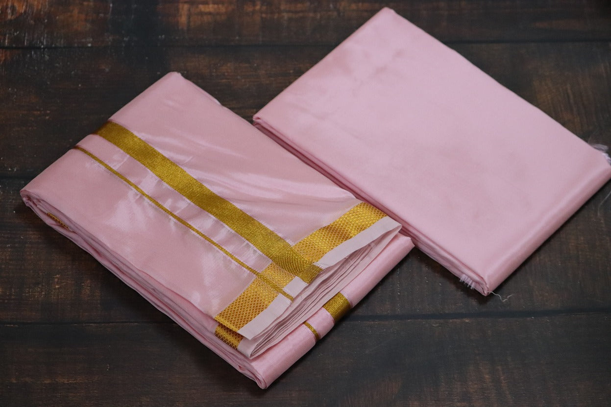 Artsilk Baby Pink shirt Material + Dhoti with 50k Gold Border Set