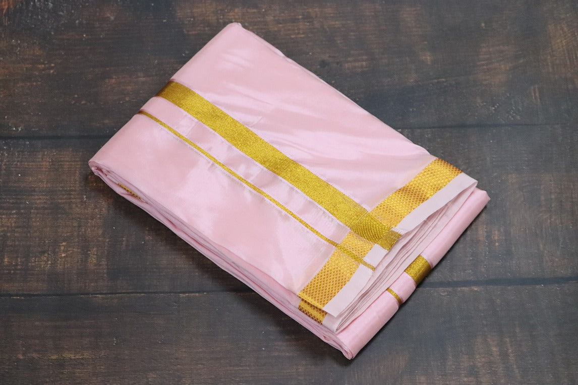Artsilk Baby Pink shirt Material + Dhoti with 50k Gold Border Set