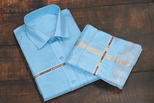 Artsilk Sea Blue Shirt + Sea Blue Dhoti with 50k Silver Border Set - Full Sleeve
