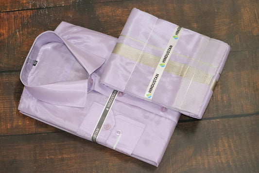 Artsilk Ultra Violet Shirt + Violet Dhoti with 50k Silver Border Set - Full Sleeve