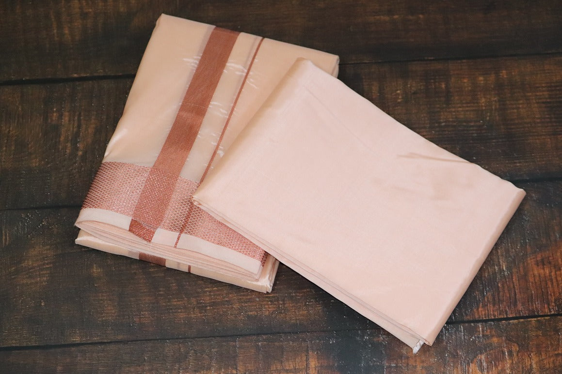 Artsilk Coral Combo Set (Shirt Fabric+Dhoti) with 100k Copper Border