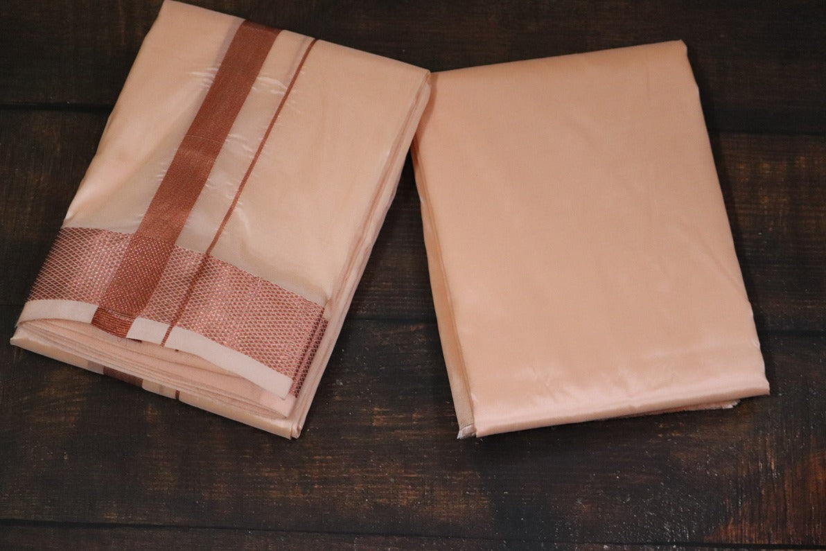 Artsilk Coral Combo Set (Shirt Fabric+Dhoti) with 100k Copper Border